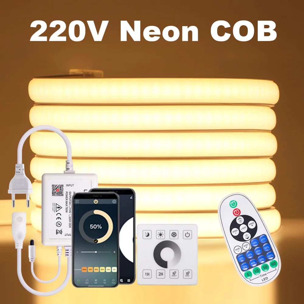 220v cob led neon luz de tira toque parede wifi bluetooth 23key controle remoto kit energia regulável 288 leds lâmpada silicone flexível