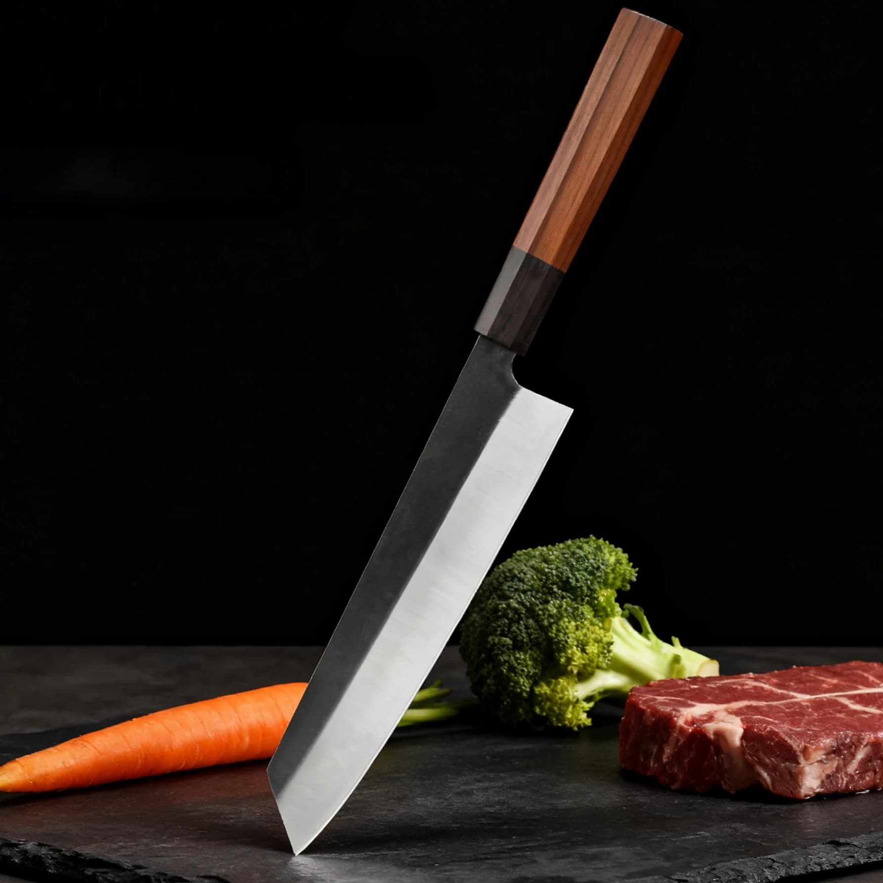 Faca de chef profissional com cabo de madeira cortando brócolis e cenoura