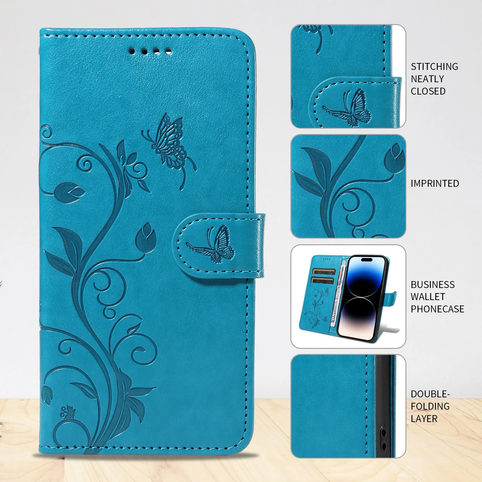 Capa carteira azul em couro para Xiaomi Redmi K90 Pro Max 5G com estampa de borboleta e porta-cartões