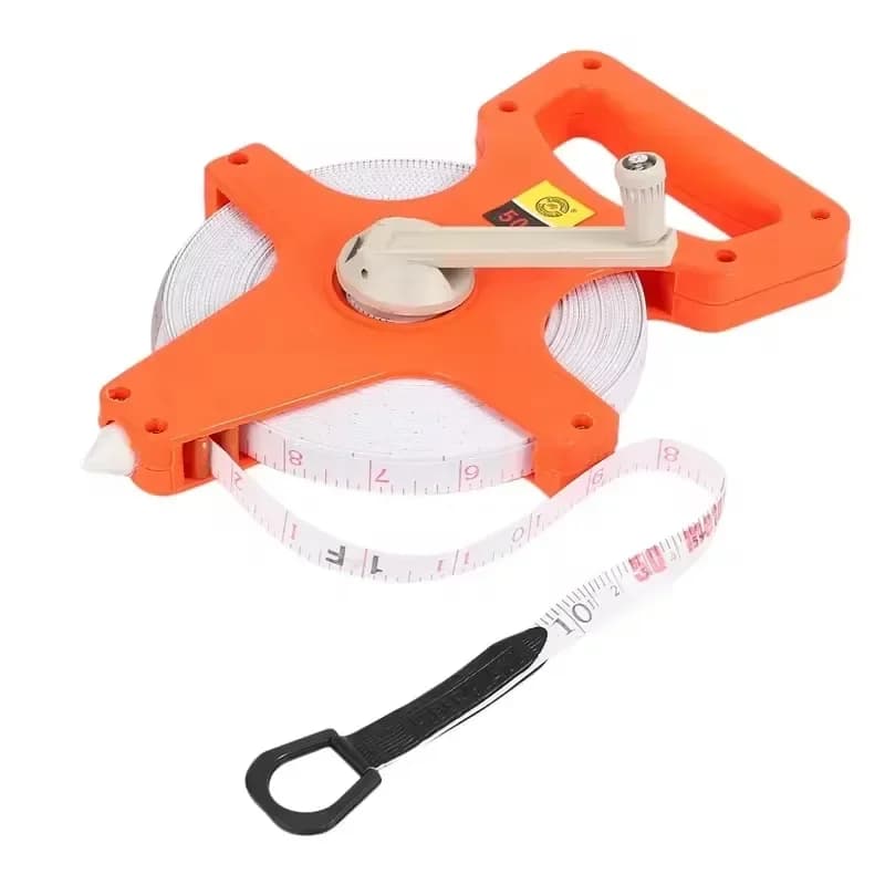 Fita métrica de fibra de vidro laranja 30m com escala em polegadas e manivela branca