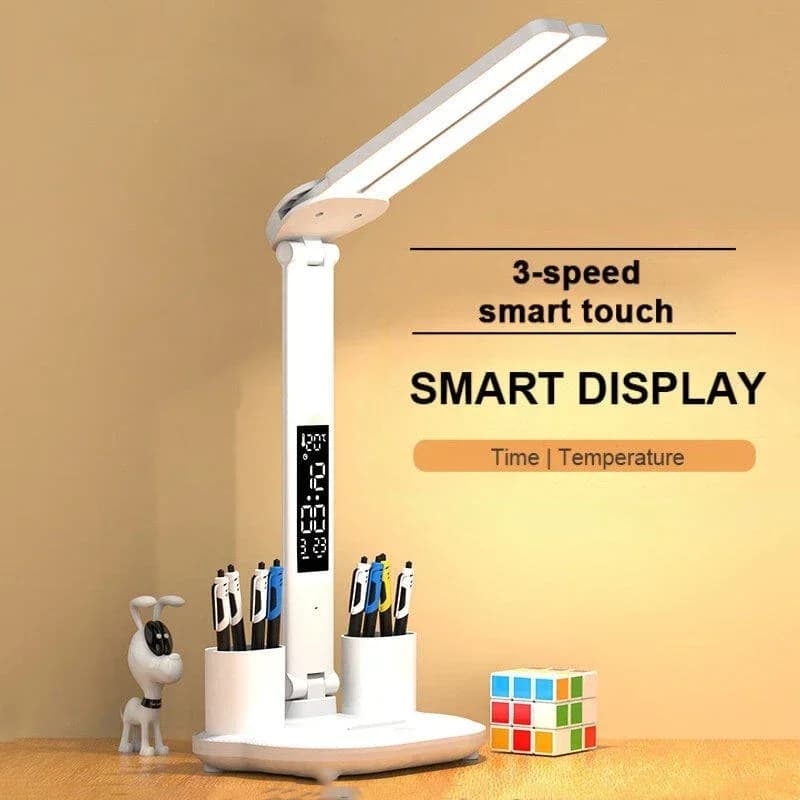 Luminária de mesa LED dobrável com visor digital, branco, para mesa, com base circular.
