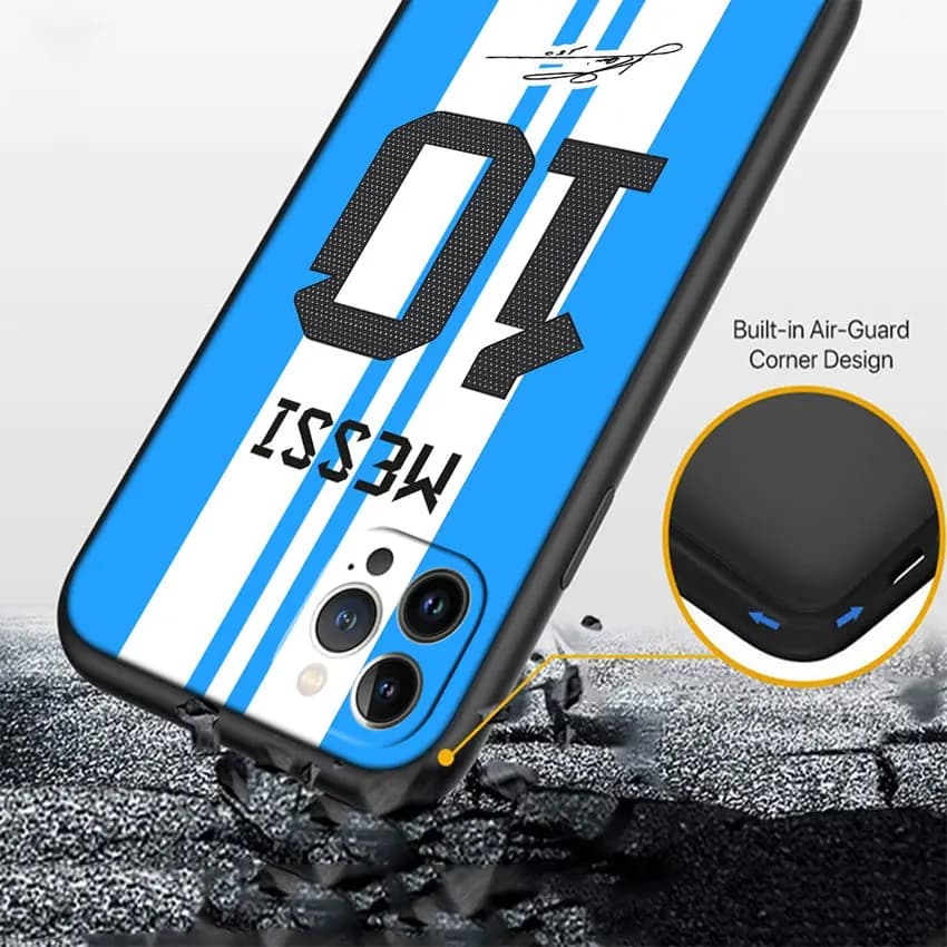 Capa resistente para Xiaomi Poco com design branco e azul, número 10 e nome Messi, proteção reforçada nas bordas