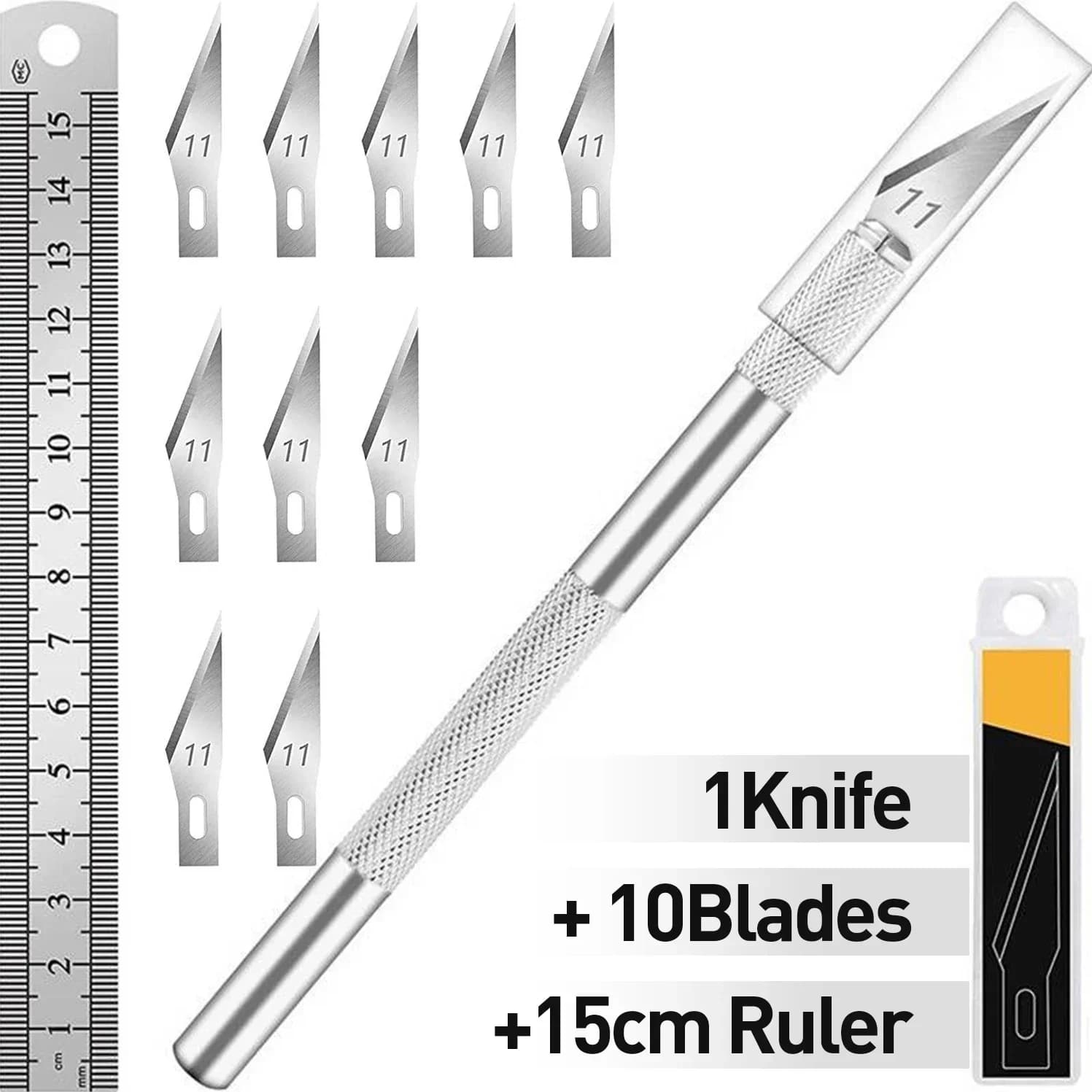 Kit de facas hobby com 11 lâminas de precisão, faca de aço inoxidável e régua de 15 cm