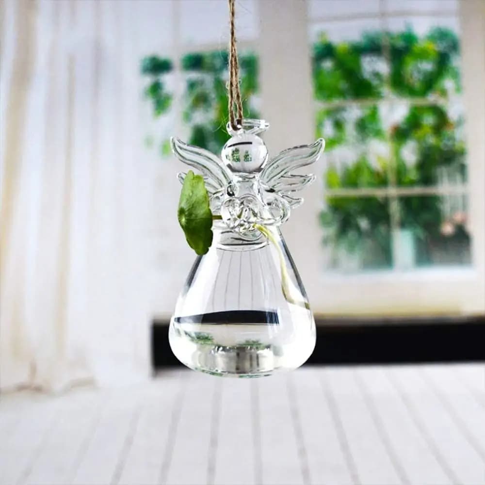 Vaso decorativo de vidro transparente em formato de anjo pendurado com planta hidropônica