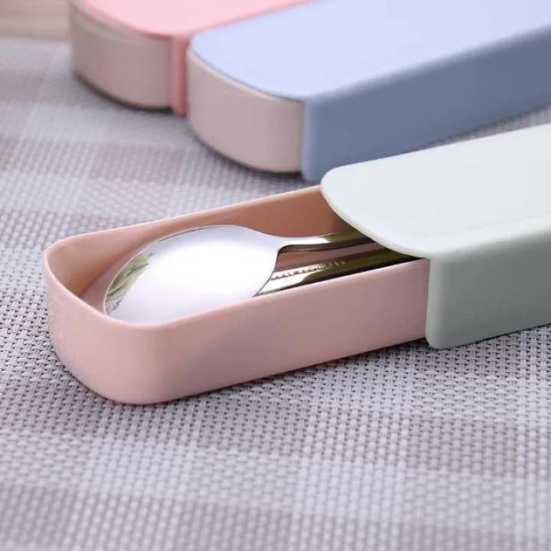 Estojo rosa para conjunto de talheres portátil aço inox 4 peças com colher e hashis