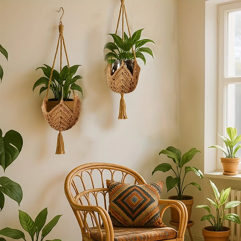 Suporte de plantas suspenso boho macramê de juta marrom com vasos verdes em ambiente interno