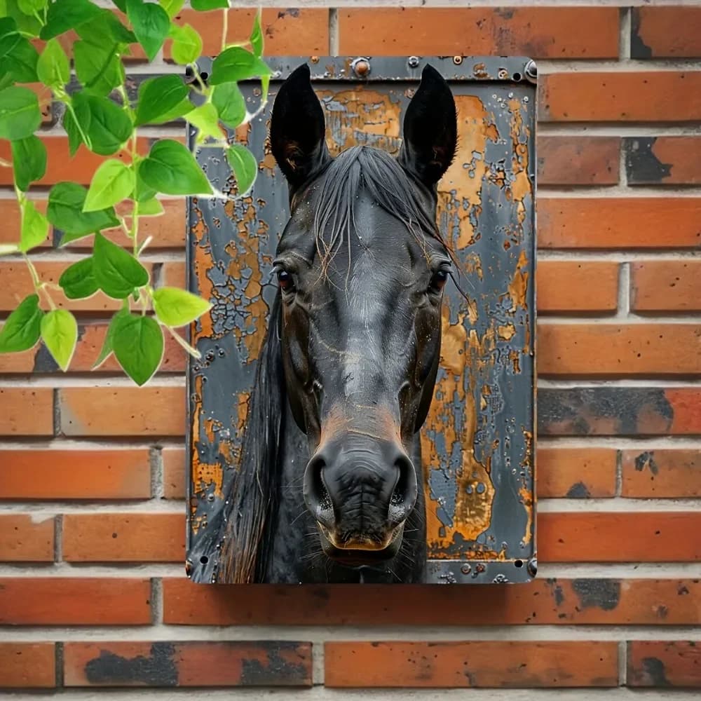 Sinal de metal vintage com retrato de cavalo negro, decoração de parede rústica.