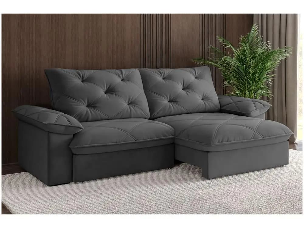Sofá reclinável de canto cinza com design de botões
