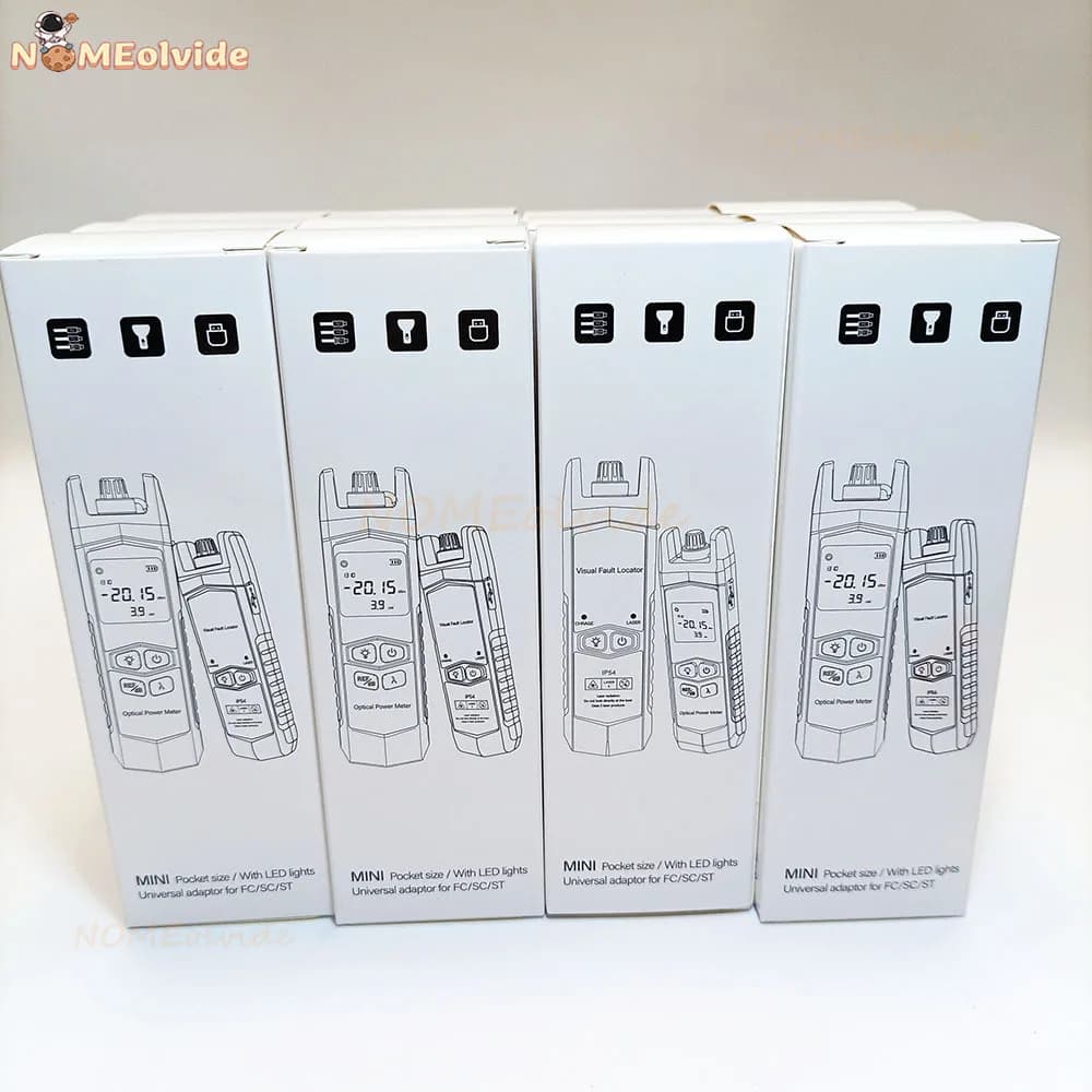 Caixas brancas do medidor de potência óptica Metayco MTP-11-A-G com ilustrações do produto e texto em preto