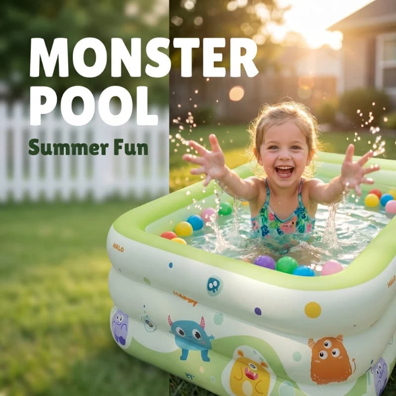 Piscina inflável portátil grande com desenho animado de monstros, ideal para festas de verão.