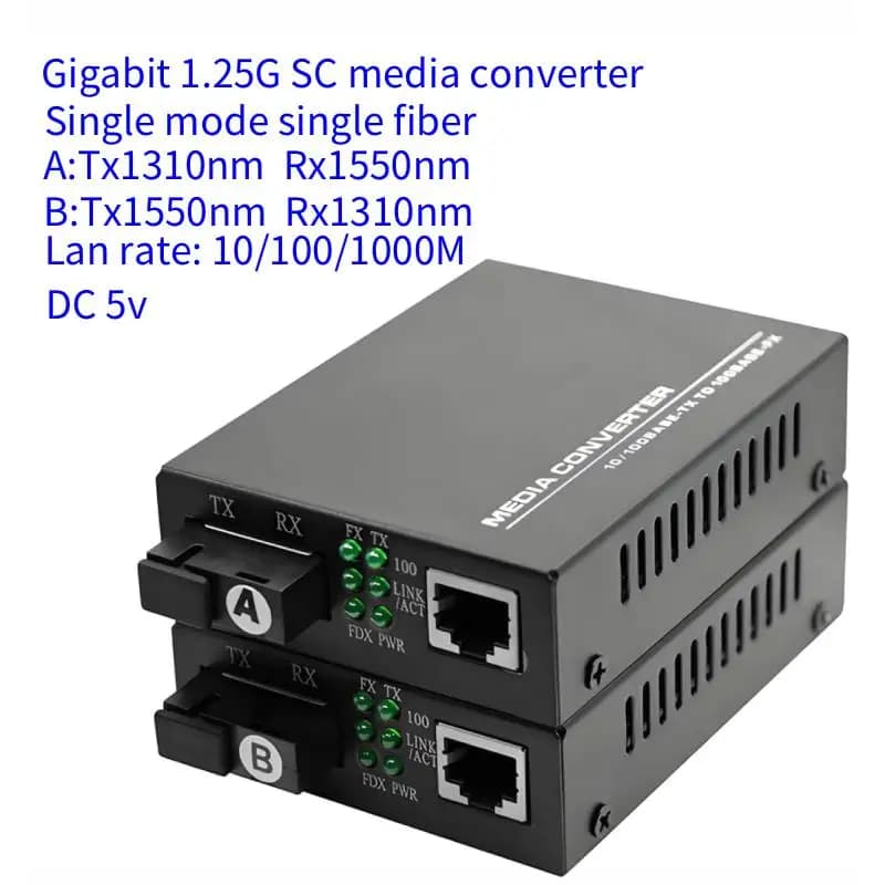 Conversor de mídia óptica Gigabit 1000Mbps Porta SC de fibra única com fonte de alimentação externa 3KM-20KMHTB-GS-03AB para rede