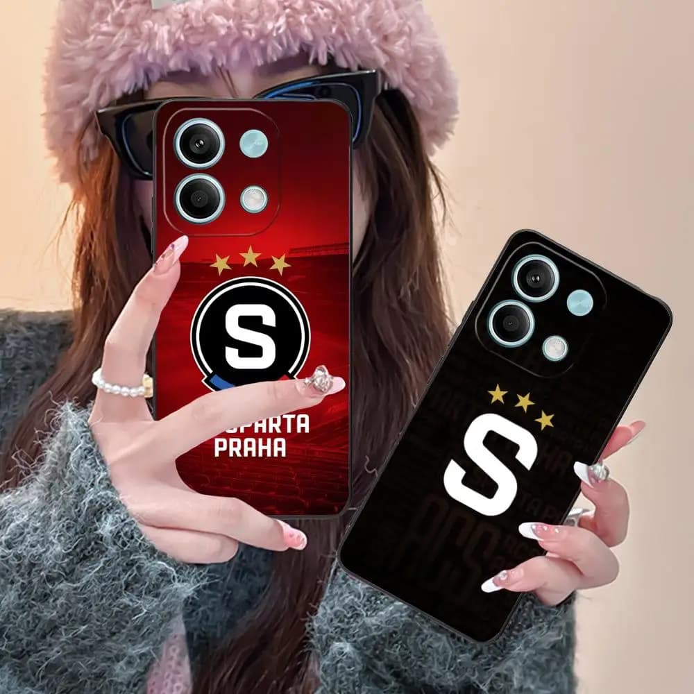 Capa para Xiaomi Redmi Note 14 preta com logo SPARTA FC Sparta Praha em fundo vermelho