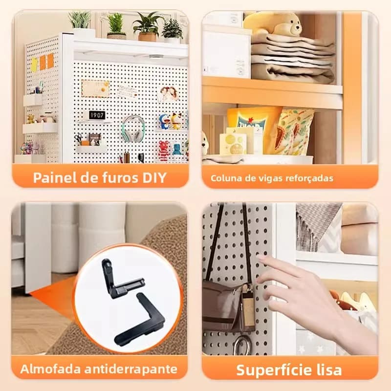 Prateleira branca multicamadas com painel de furos DIY, colunas reforçadas e almofadas antiderrapantes para organização