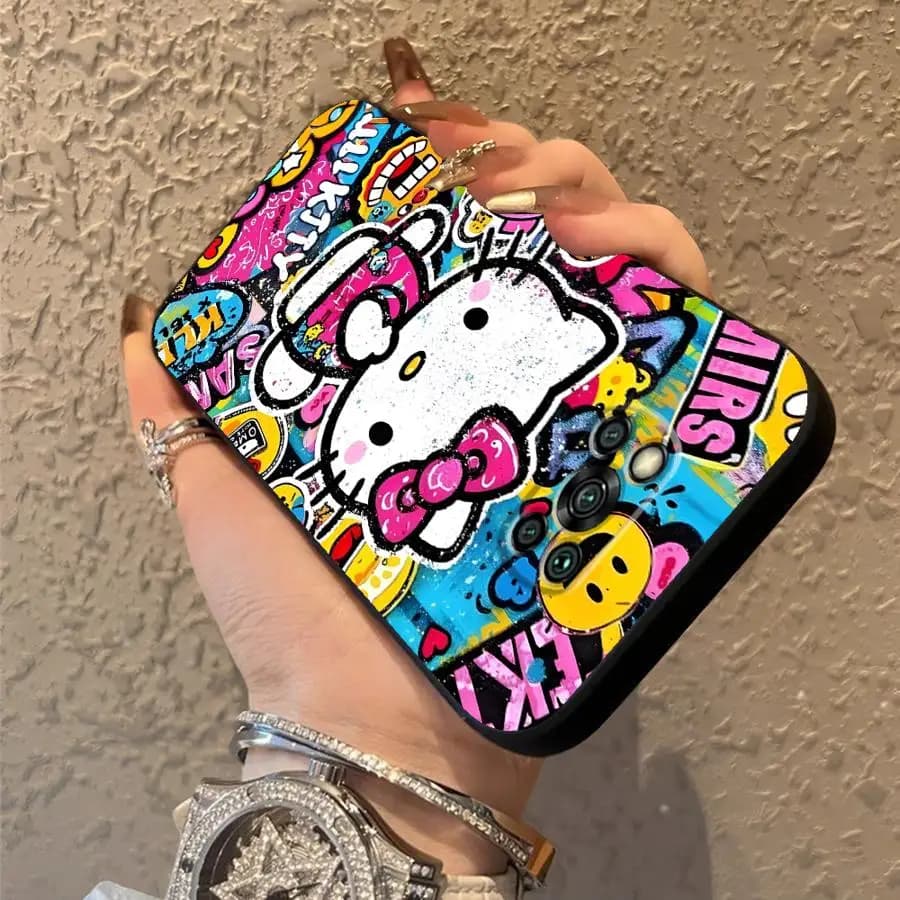 Capa de telefone colorida com estampa Hello Kitty e elementos gráficos para Xiaomi Poco, material macio