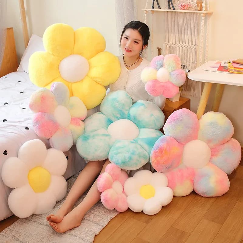 Travesseiros de pelúcia em forma de flor multicoloridos para decoração de cama e sofá