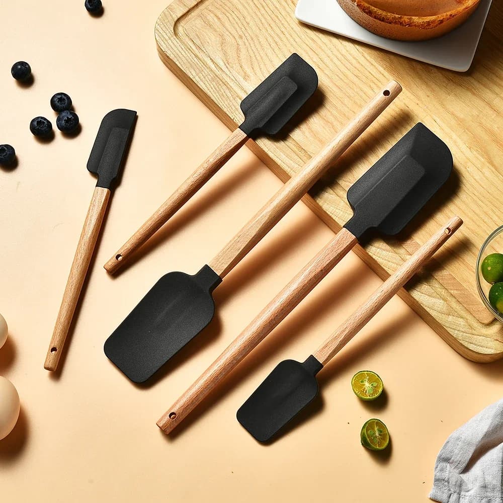 Espátula de silicone para bolo de creme, 5 peças, cabo de madeira, raspador de pastelaria, liquidificadores, antiaderente, cozinha, sobremesa, biscoitos, cortador, misturador