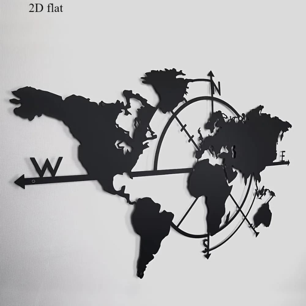 Arte de parede em metal 2D com mapa do mundo e bússola, preto e cinza