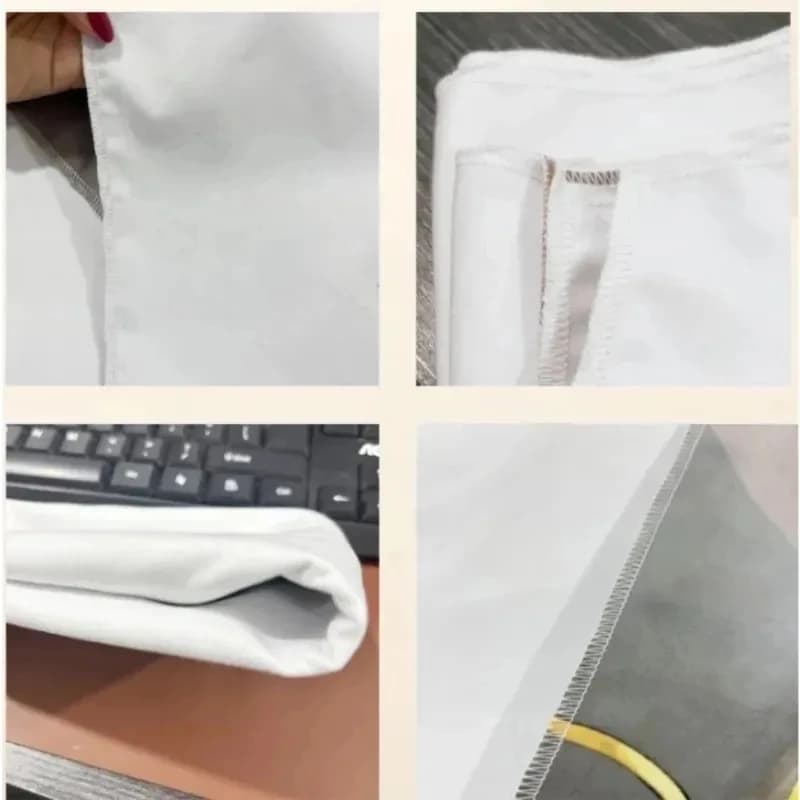 Detalhes da costura e acabamento da toalha de praia oversized em microfibra branca