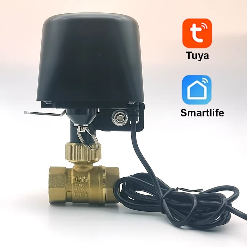 Válvula de água inteligente Tuya com cabo preto e ícones de Smartlife e Tuya.