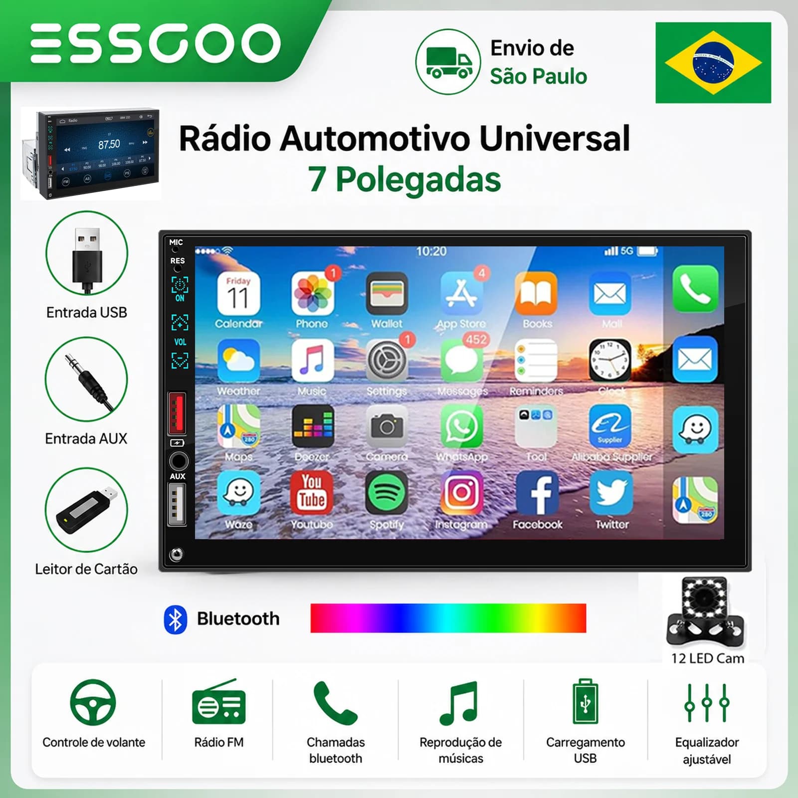 ESSGOO Rádio 1 Din Multimídia Universal para Carro 7 Polegadas MP5 FM Entrada AUX Bluetooth Mirror Link USB Autorádio
