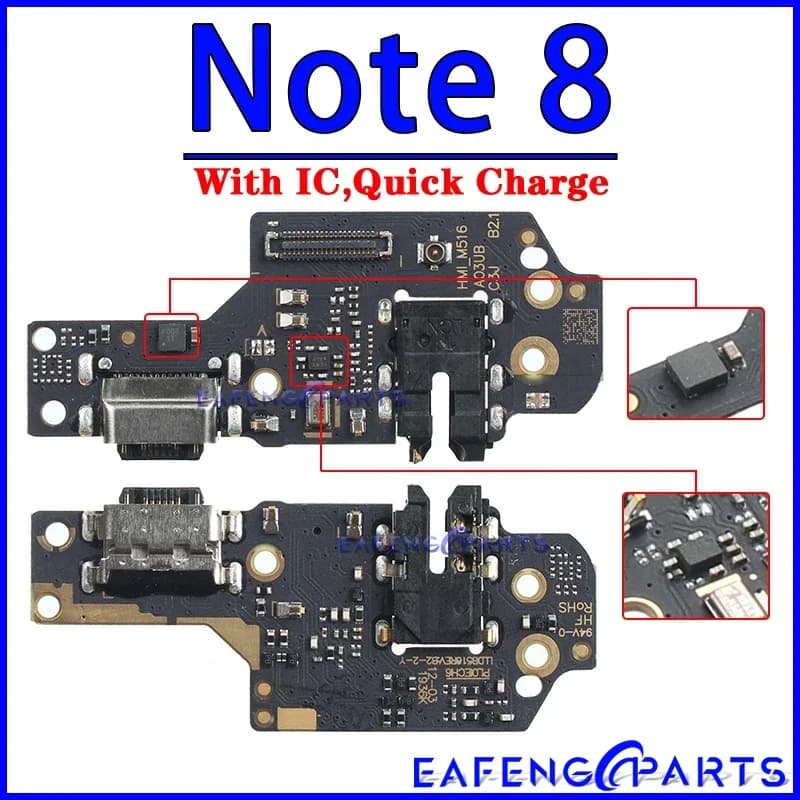Placa de carregamento USB Xiaomi Redmi Note 8 com conector e circuito integrado para carga rápida