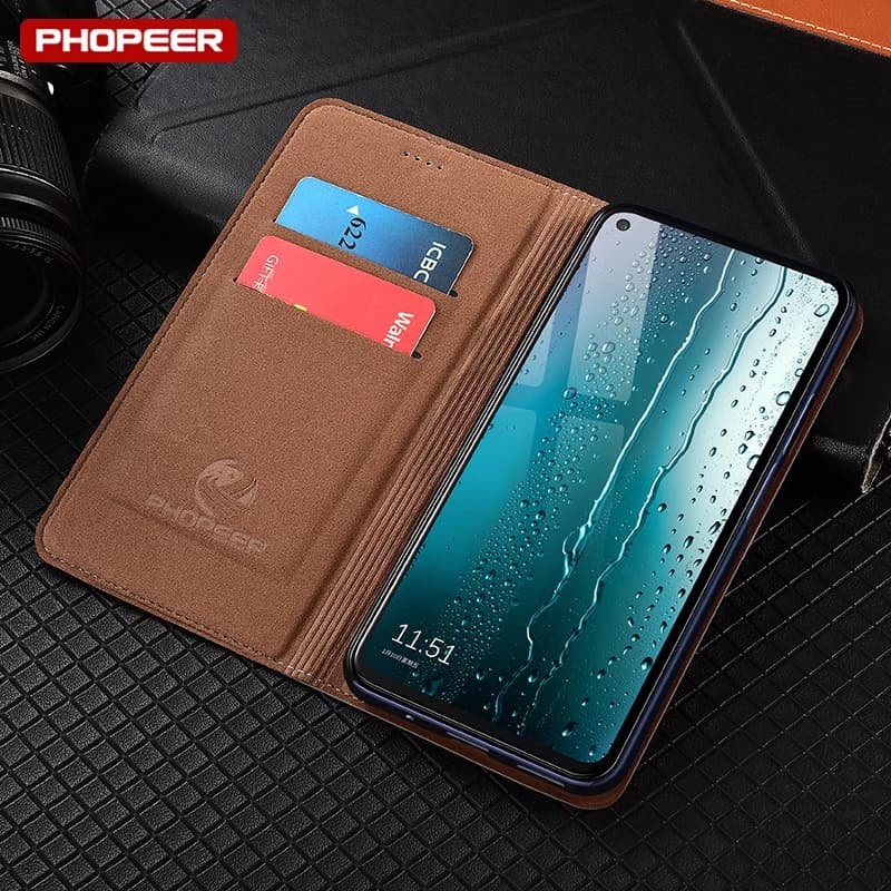 Capa carteira magnética Xiaomi Poco com porta cartões e logo PHOPEER no interior marrom