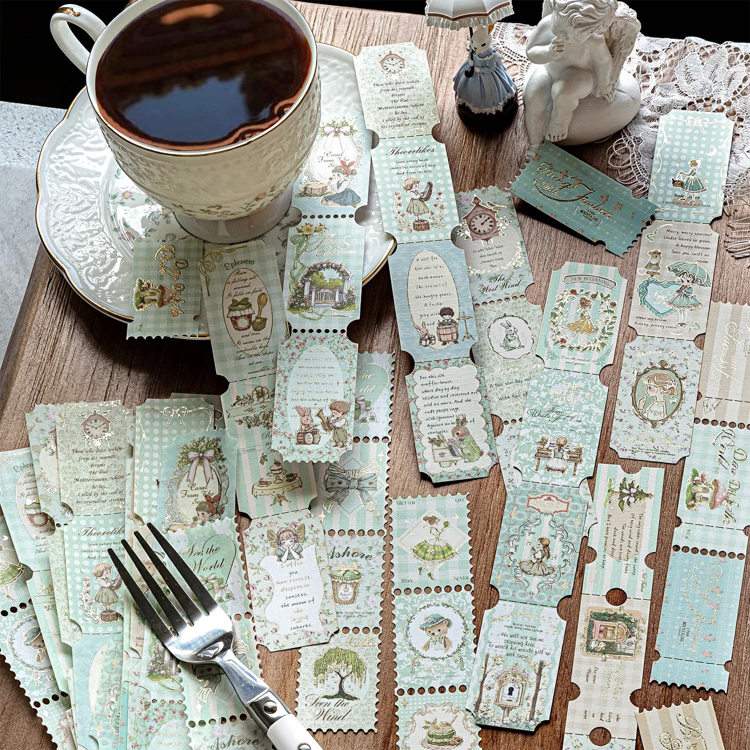 Adesivos vintage azul claro para scrapbooking com desenhos delicados e tema infantil 20 peças