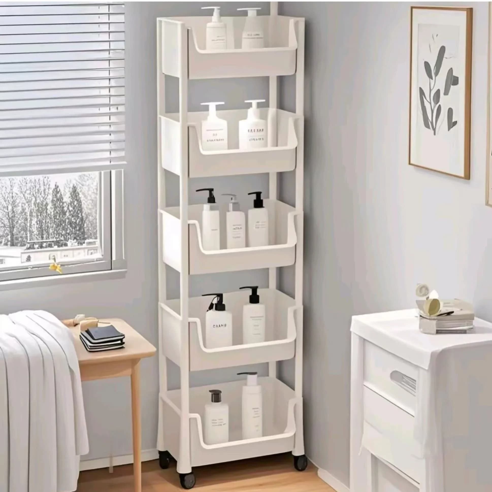 Estante de armazenamento móvel de 5 camadas em branco para sala de estar