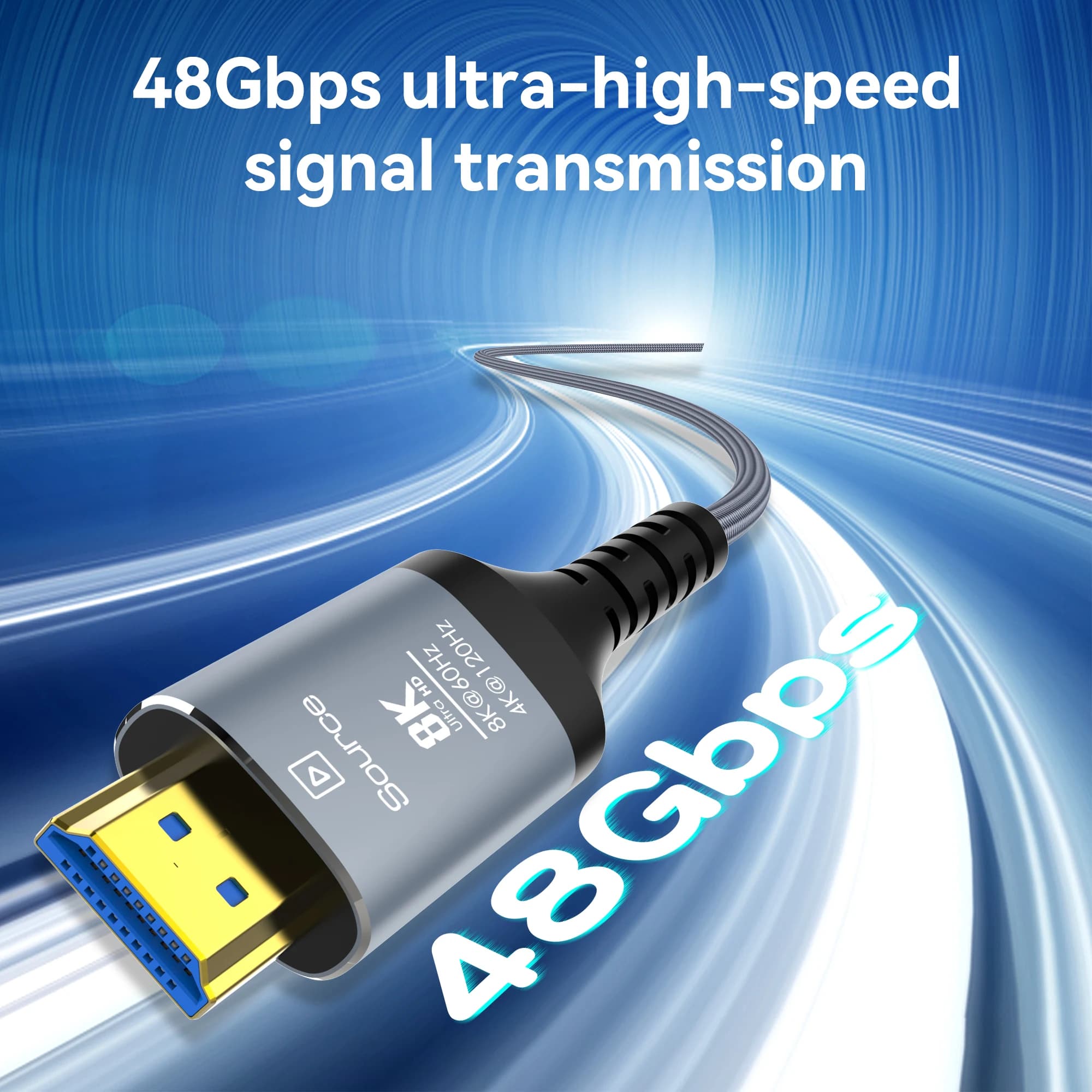 Cabo HDMI gamer 8K 2.1 cinza com conector dourado e transmissão ultra rápida de 48Gbps