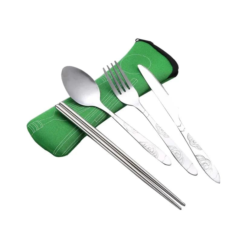 Conjunto portátil de talheres em aço inox com garfo, faca, colher e hashis em estojo verde