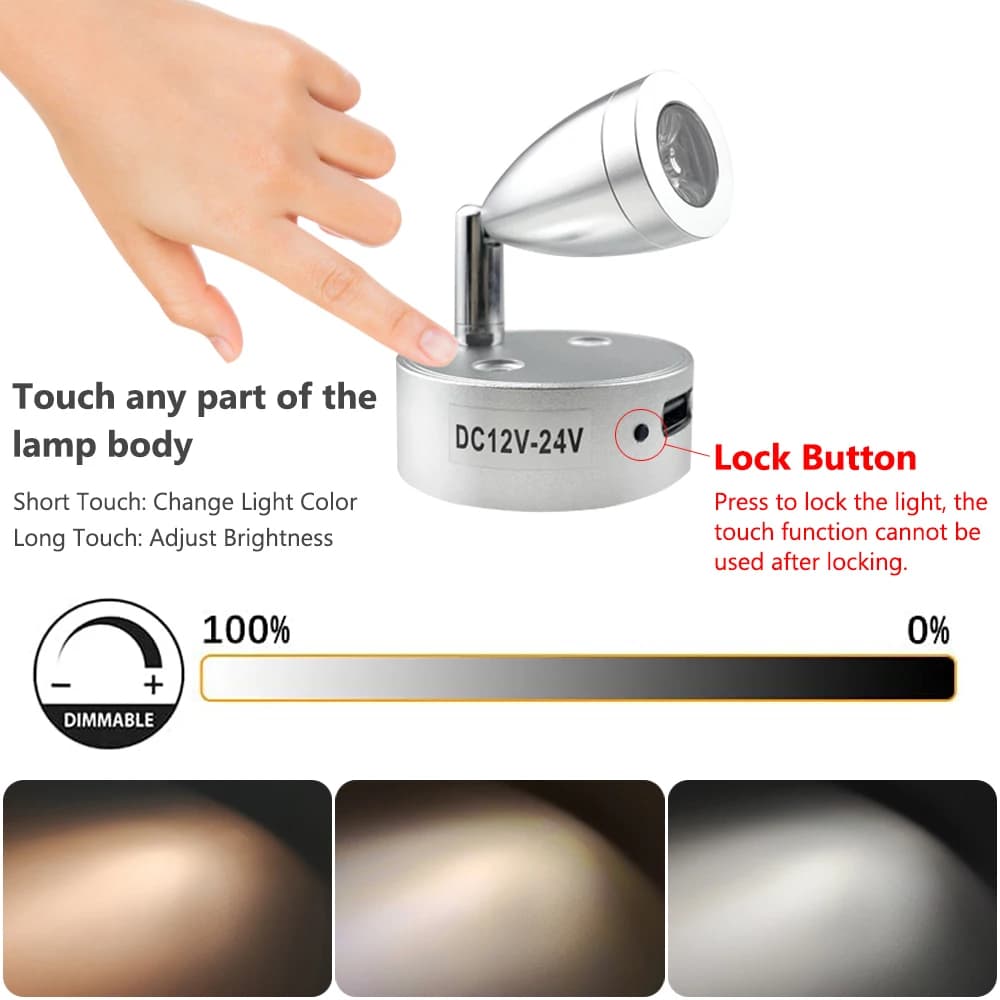 Lâmpada de leitura LED com base articulada e conector USB, brilho ajustável, parafusos e porcas incluídos