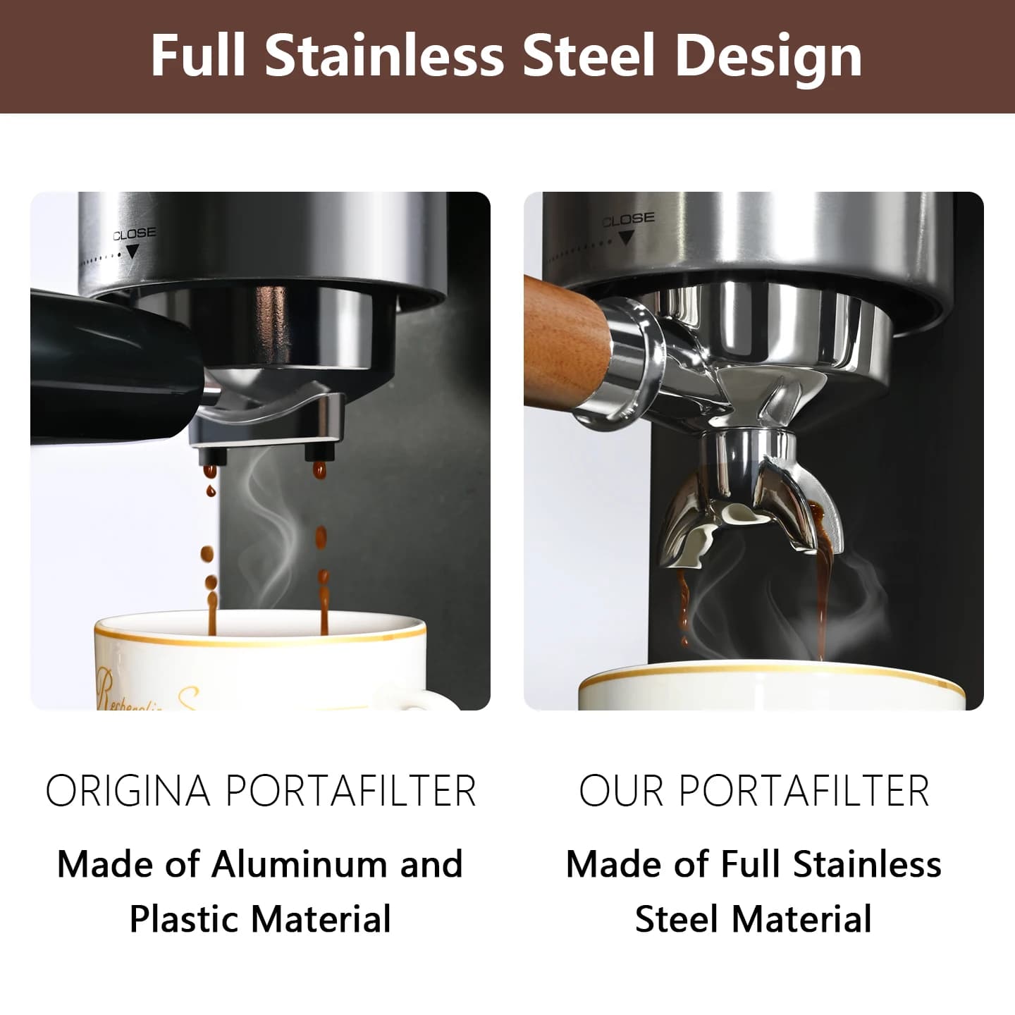 Comparação entre portafiltro original de alumínio e plástico e portafiltro profissional inox para café expresso