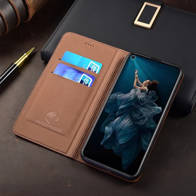 Interior da capa para Xiaomi Poco linha C com porta cartões em couro marrom textura croco