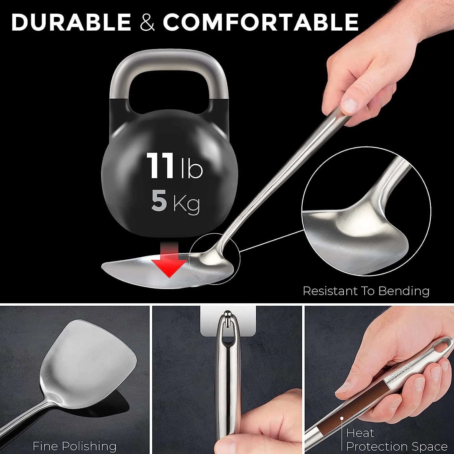 Espátula e concha de wok em aço inoxidável cruzadas sobre fundo branco