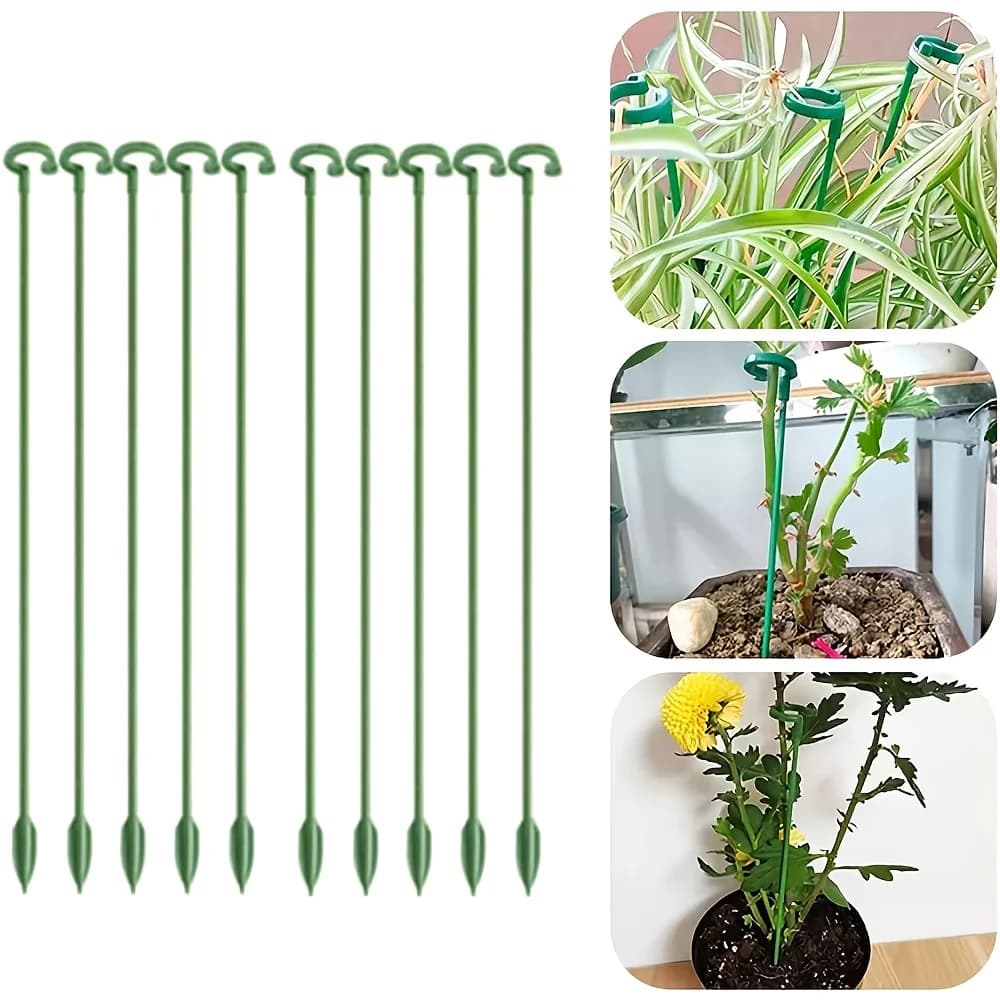 Suportes de fixação para plantas, com hastes verdes e curvas na ponta, usados para fixar e proteger plantas como orquídeas.