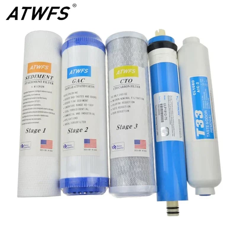 Purificador de água Cartucho de filtro de 5 estágios 75 gpd RO Membrana Sistema de osmose reversa Filtros de água para uso doméstico