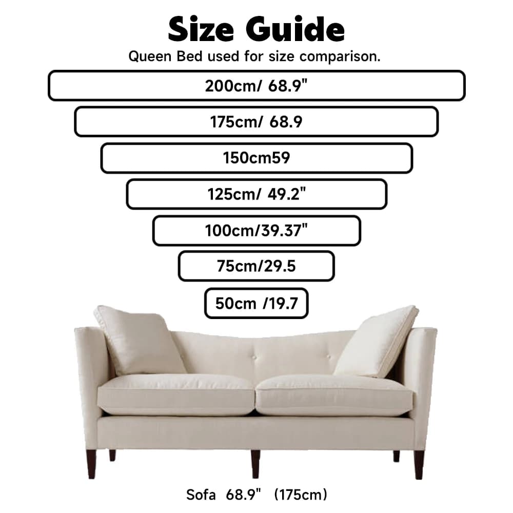 Guia de tamanhos para letreiro neon LED personalizado comparado com sofá queen bed 175cm