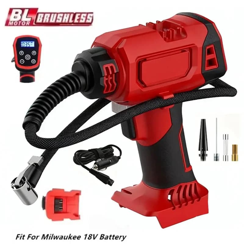 Bomba de ar elétrica sem fio Milwaukee 18V vermelho e preto com acessórios
