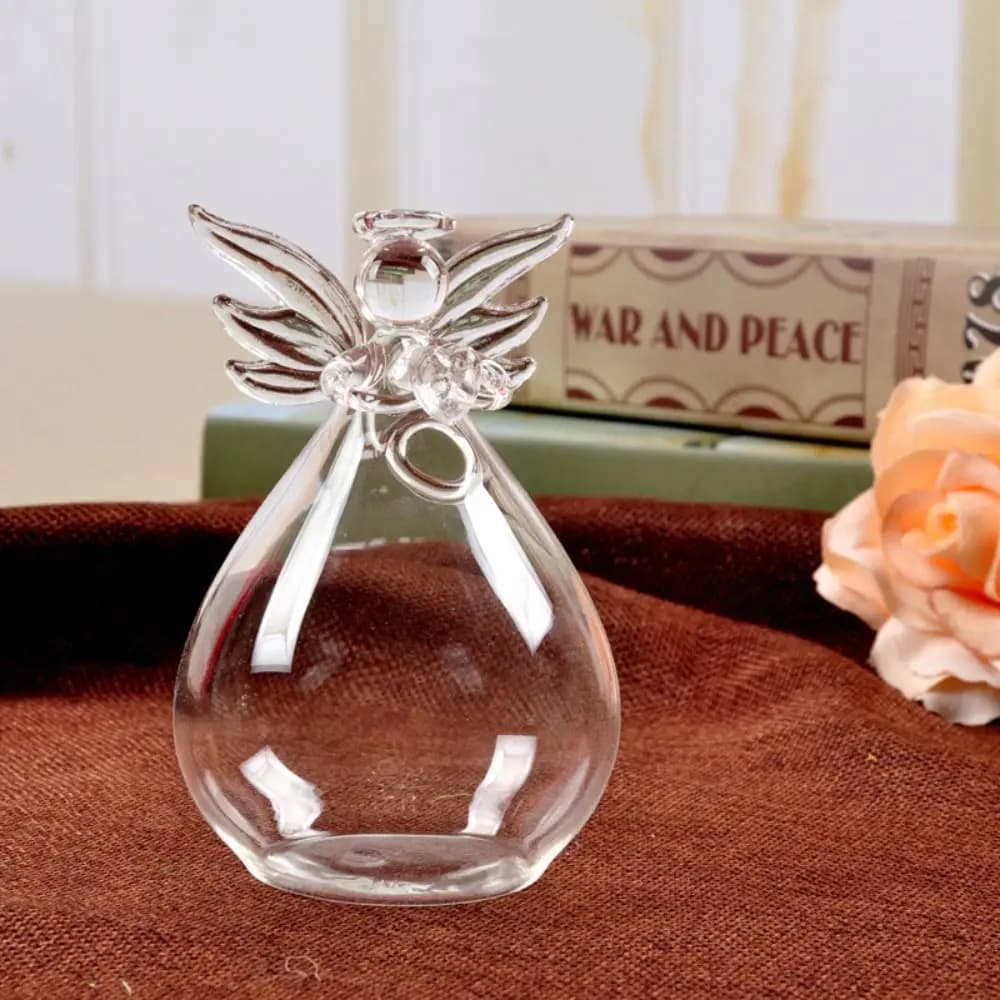 Vaso de vidro transparente em forma de anjo com flor rosa, decoração para casa e escritório.