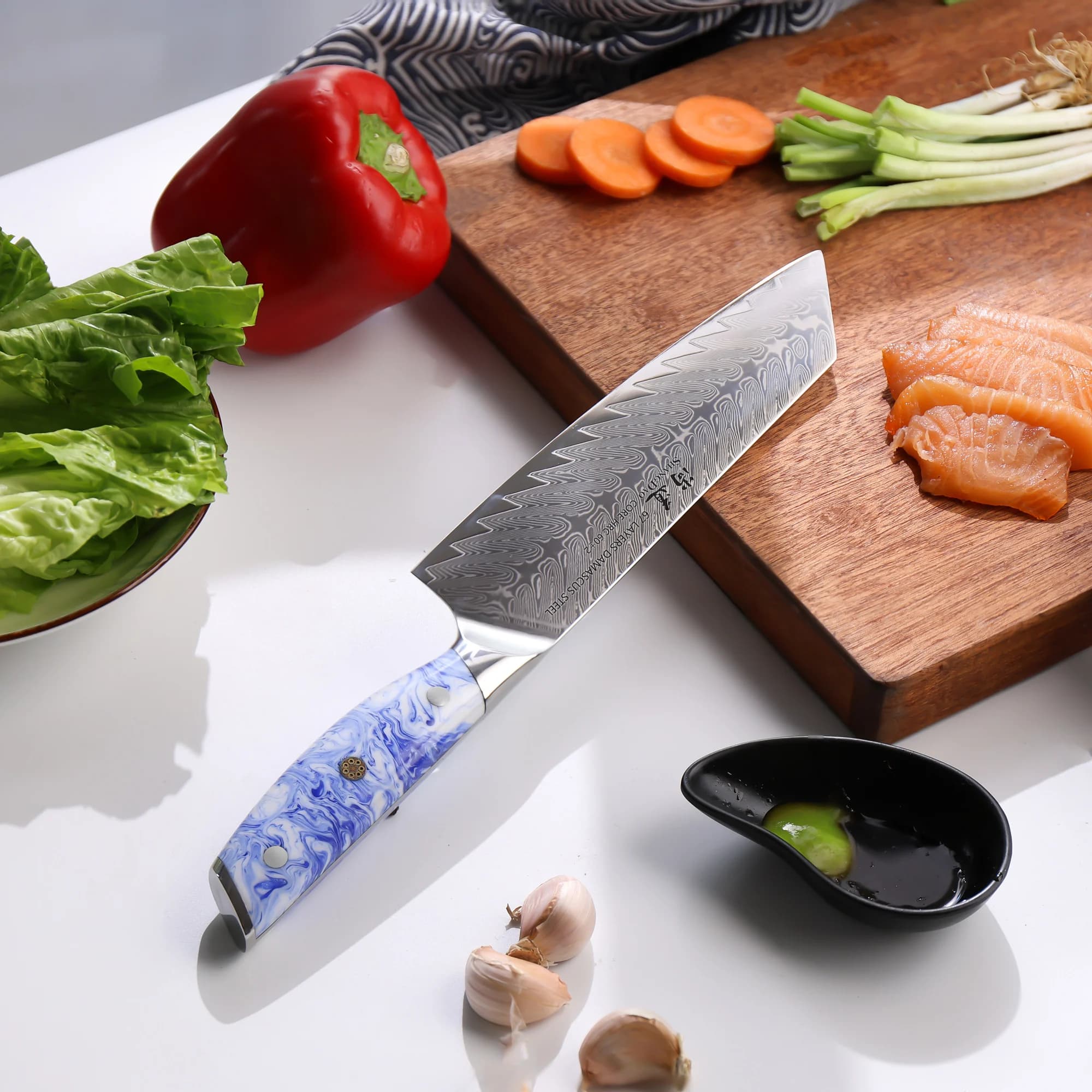 Faca Kiritsuke SHANGDAO 8 polegadas em aço damasco VG10 com cabo azul e branco em resina