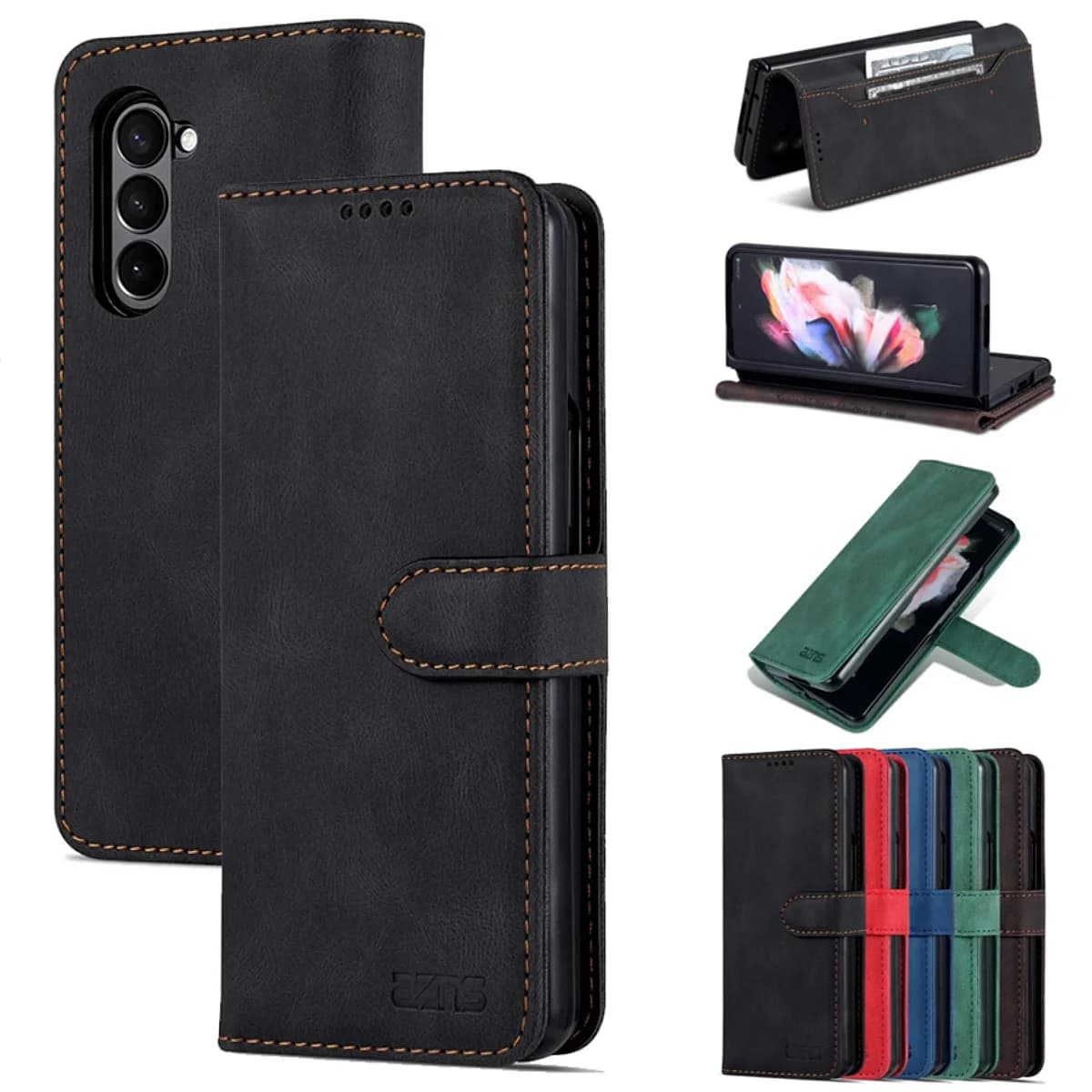 Capa de couro preto para Samsung Galaxy Z Fold, estilo flip, com compartimentos para cartão e dinheiro.