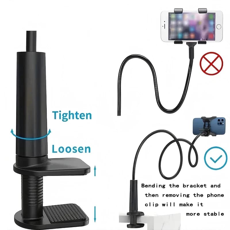 Suporte de telefone preto com braço flexível e instruções de fixação e uso estável