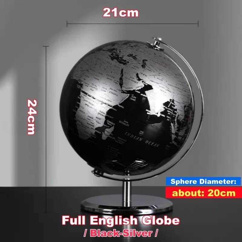 Globo terrestre decorativo Full English preto e prata com base metálica, 20 cm de diâmetro