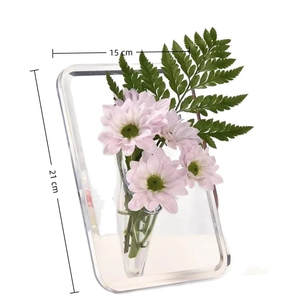 Vaso acrílico transparente para flores com dimensões 21x15 cm e design moderno em moldura retangular