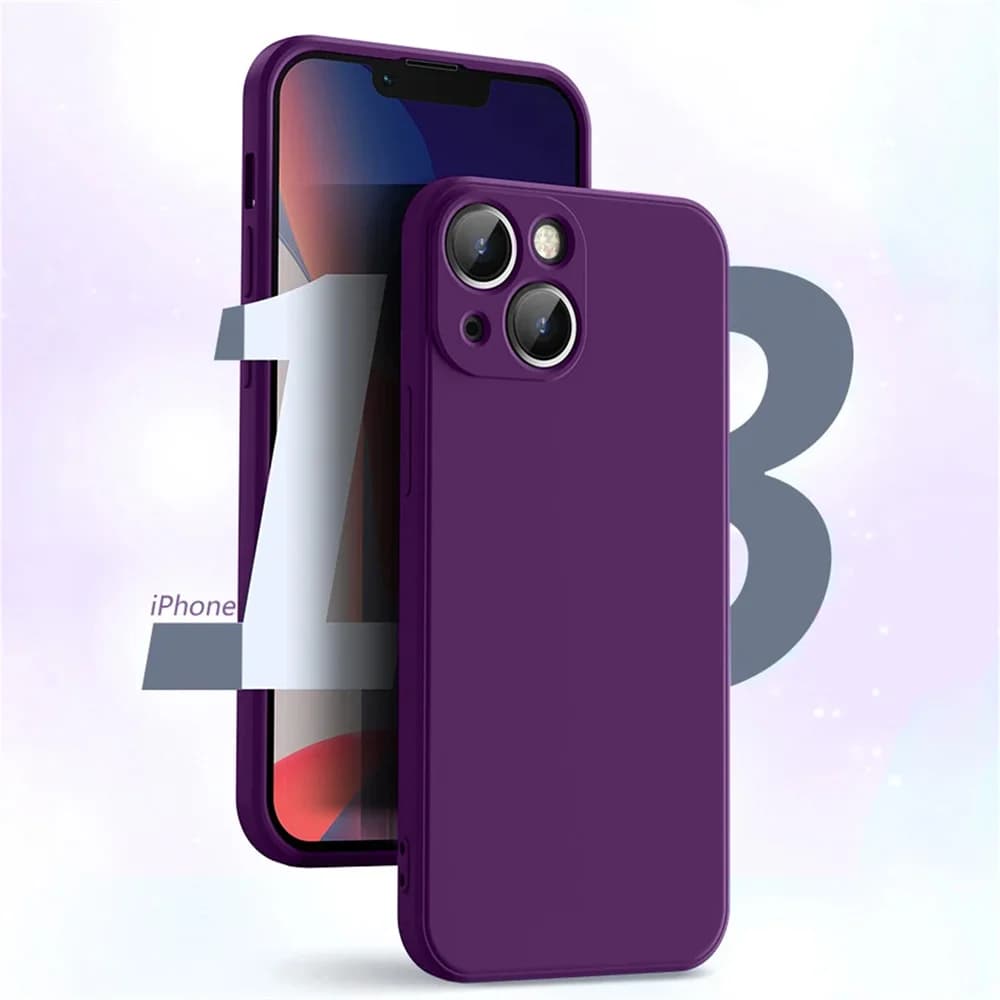 Capa de telefone em silicone líquido para iPhone, cor roxa escura, com recortes para câmera e botões.