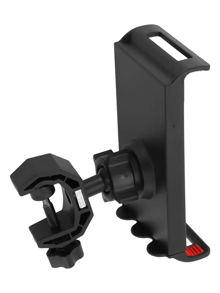 Tripé para celular e tablet com suporte giratório e ajuste por parafuso, acabamento preto com detalhes vermelhos