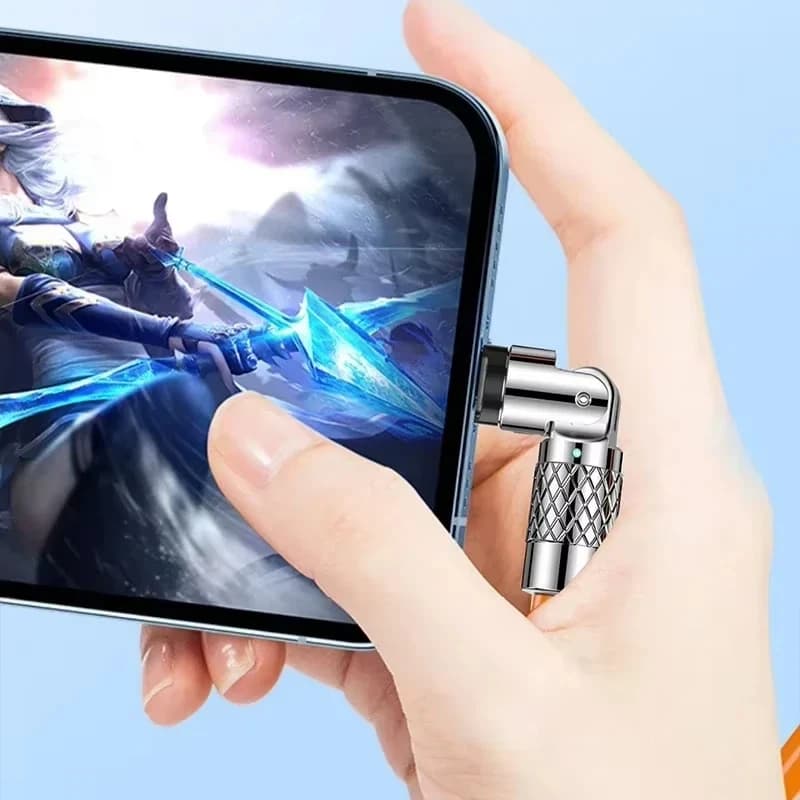 Cabo USB Tipo C gamer laranja conectado a smartphone com conector giratório de 180 graus para jogos
