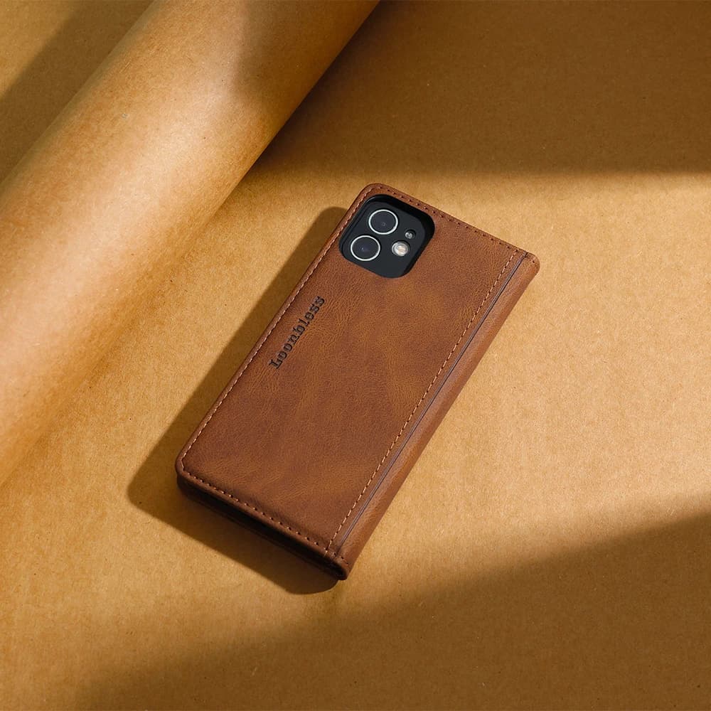 Capa carteira marrom em couro para celular Motorola Moto G10 G20 G30 G50 G60 G100 G200 G40 Fusion G82 G72 G62 G31 G41 G51 G71 G71S G22 G52 G42 G32 vista traseira