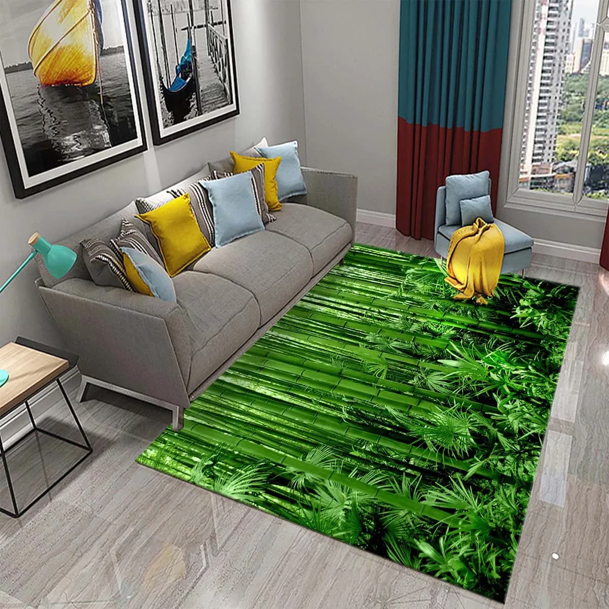 Tapete 3D verde de bambu para sala de estar