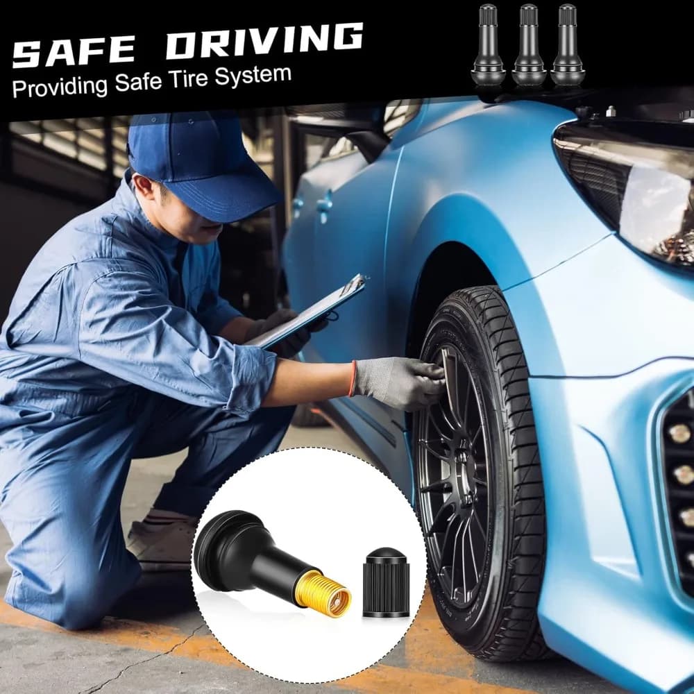 Haste de válvula de pneu automotiva snap-in TR413 preta instalada em carro azul para segurança no sistema de pneus